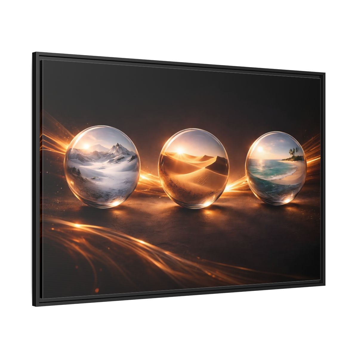 Side Mockup 12. Nature Glass Spheres Golden Glow shown as stretched canvas wall art