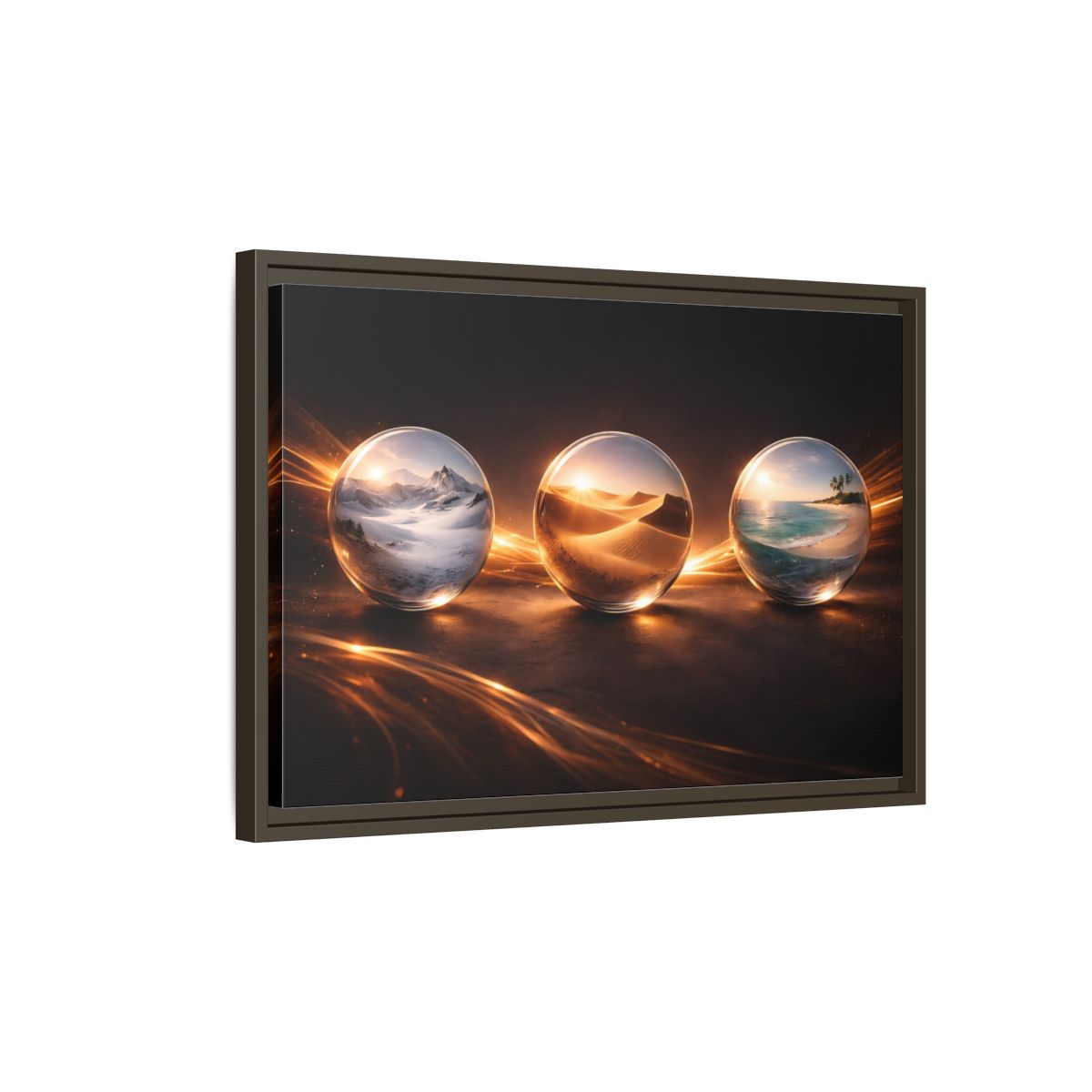 Side Mockup 2. Nature Glass Spheres Golden Glow shown as stretched canvas wall art