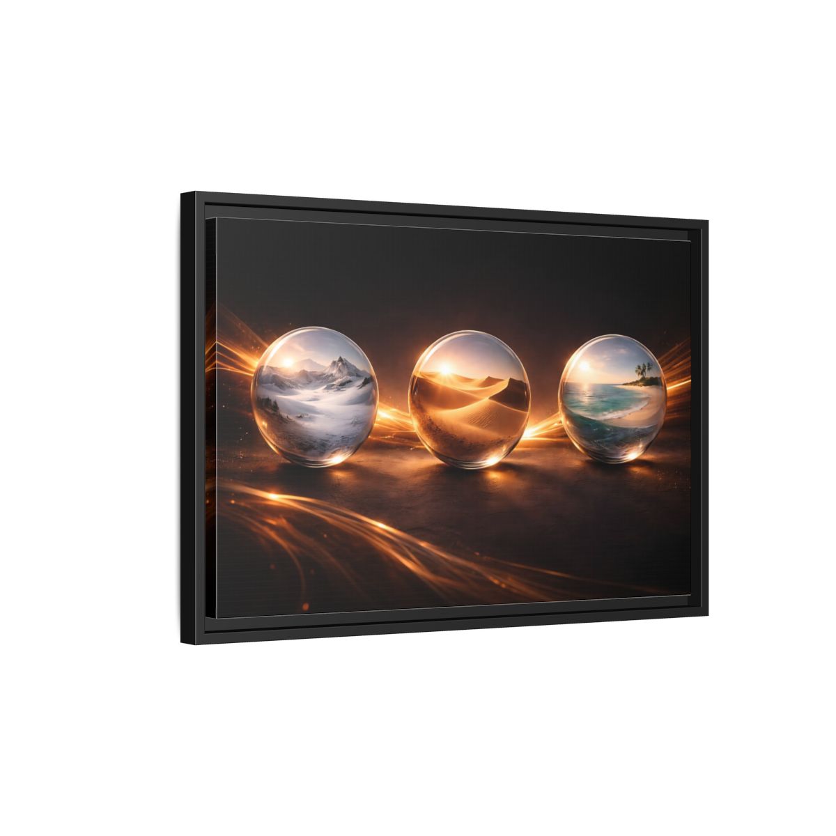 Side Mockup 3. Nature Glass Spheres Golden Glow shown as stretched canvas wall art