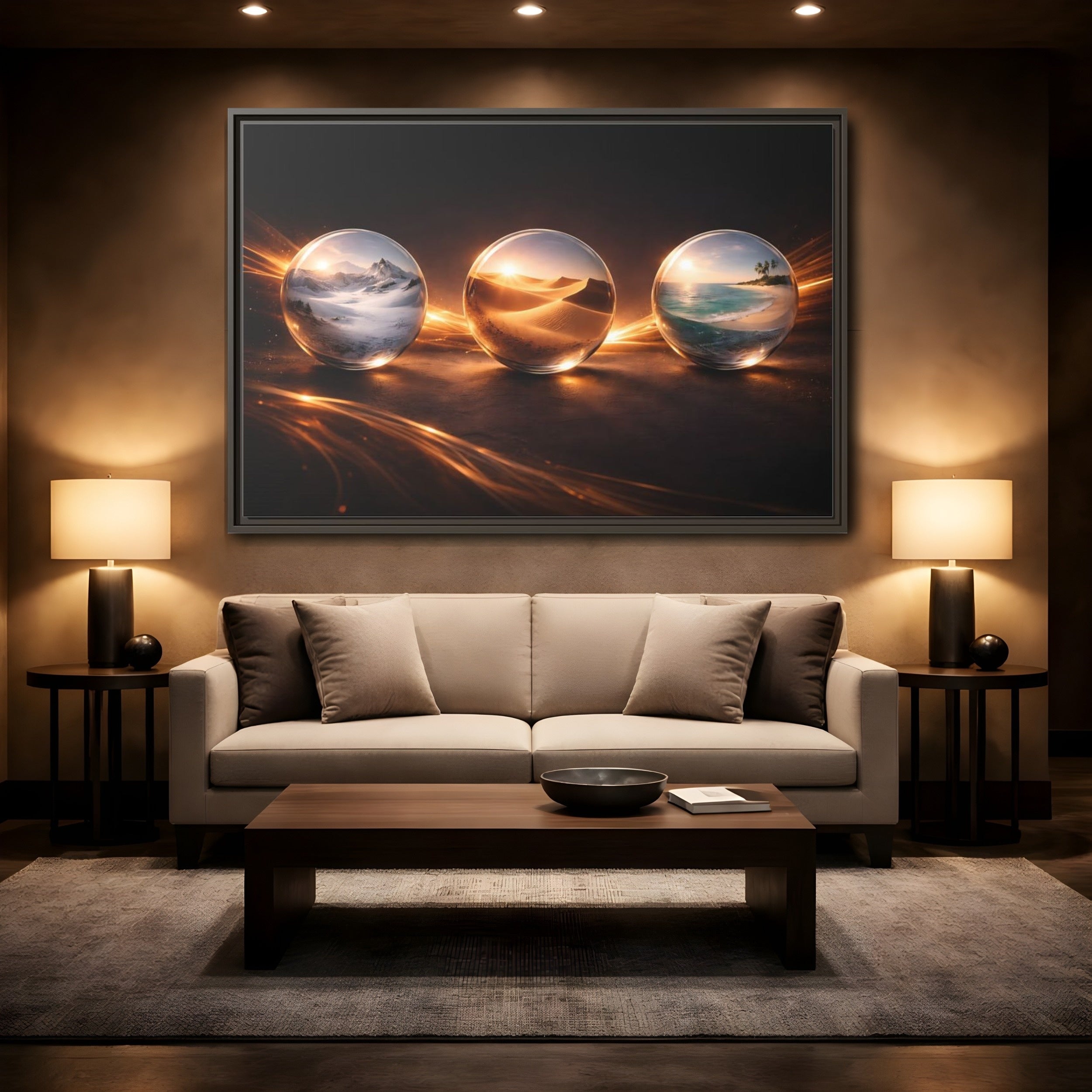 Mockup 2. Nature Glass Spheres Golden Glow shown as stretched canvas wall art