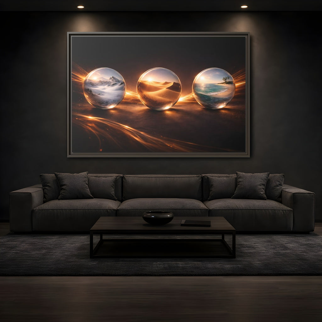 Mockup 3. Nature Glass Spheres Golden Glow shown as stretched canvas wall art