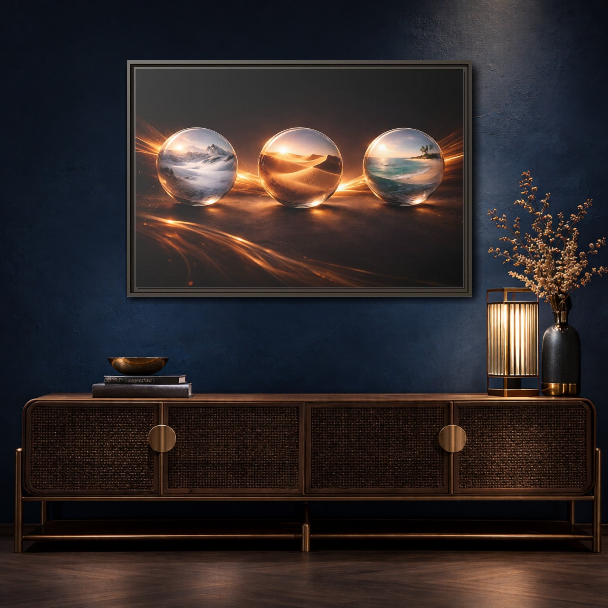 Mockup 4. Nature Glass Spheres Golden Glow shown as stretched canvas wall art
