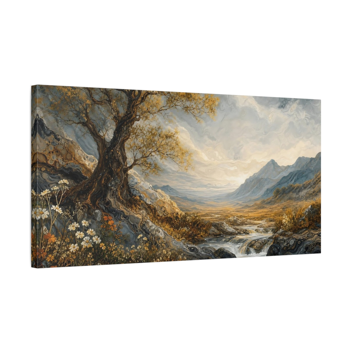 Side Mockup 1. Nature Gnarly Tree Golden Tree Landscape shown as stretched canvas wall art