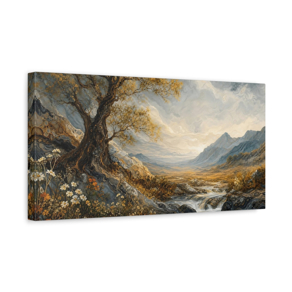 Side Mockup 3. Nature Gnarly Tree Golden Tree Landscape shown as stretched canvas wall art