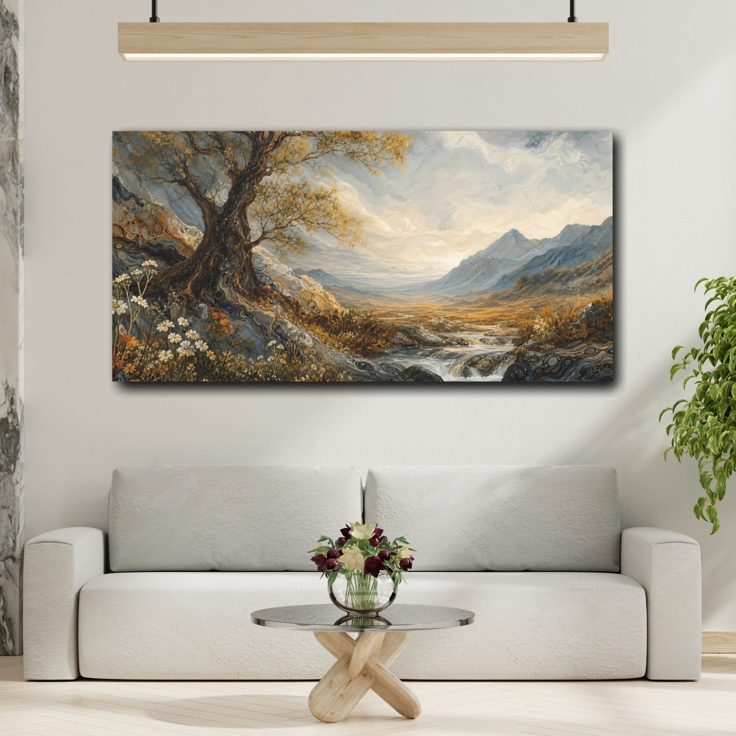 Mockup 2. Nature Gnarly Tree Golden Tree Landscape shown as stretched canvas wall art