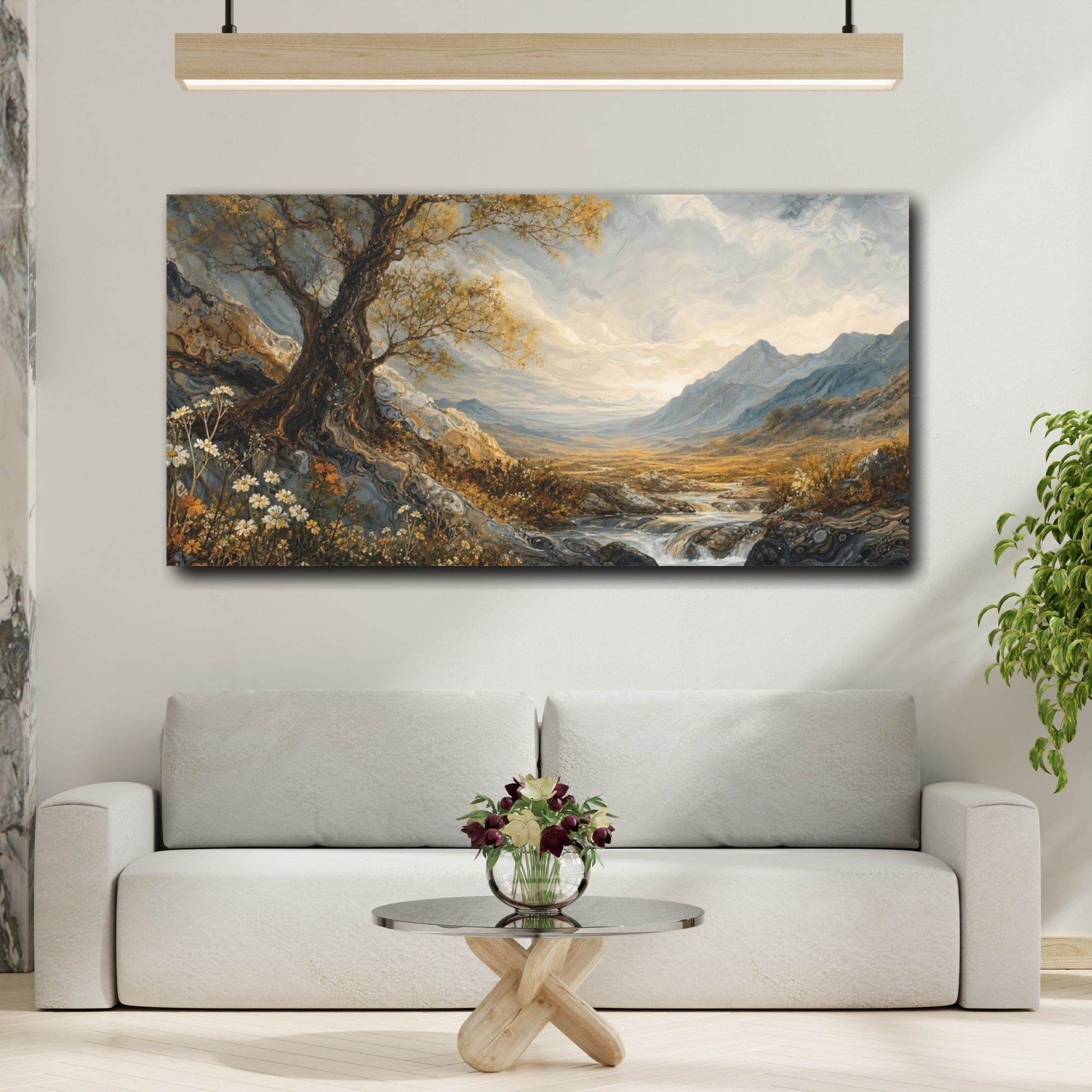Mockup 2. Nature Gnarly Tree Golden Tree Landscape shown as stretched canvas wall art