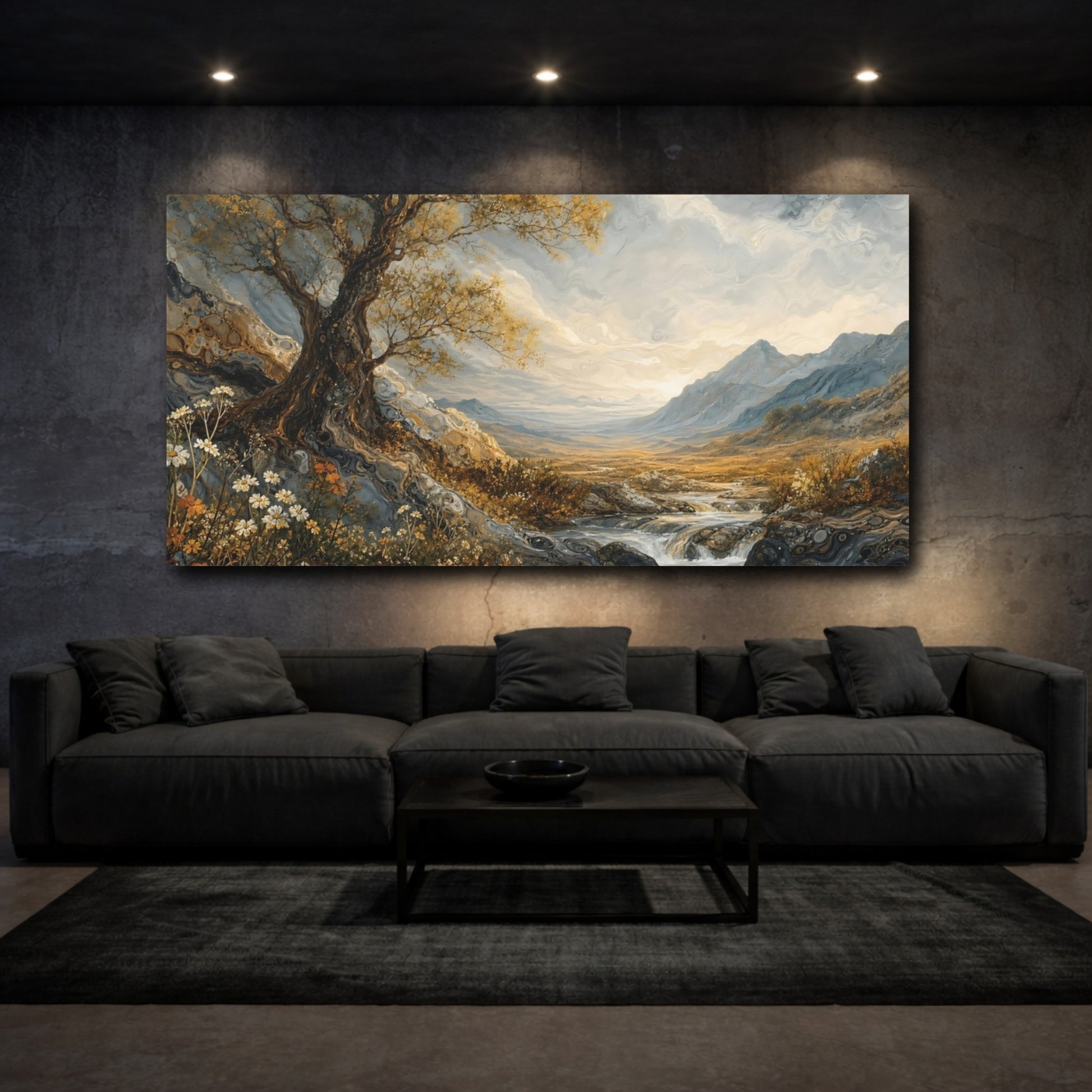 Mockup 3. Nature Gnarly Tree Golden Tree Landscape shown as stretched canvas wall art