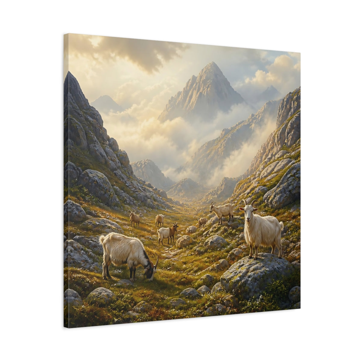 Side Mockup 3. Nature Goats Earthy Mountain Goats shown as stretched canvas wall art