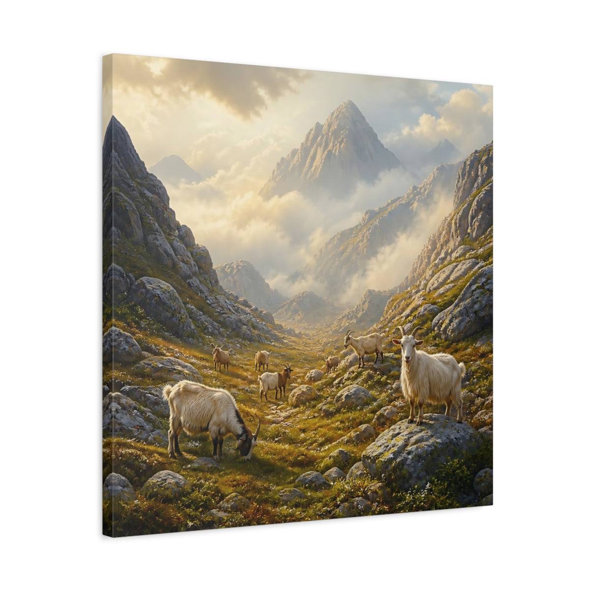 Side Mockup 4. Nature Goats Earthy Mountain Goats shown as stretched canvas wall art