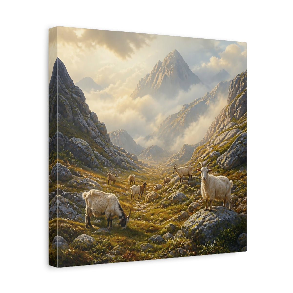 Side Mockup 7. Nature Goats Earthy Mountain Goats shown as stretched canvas wall art