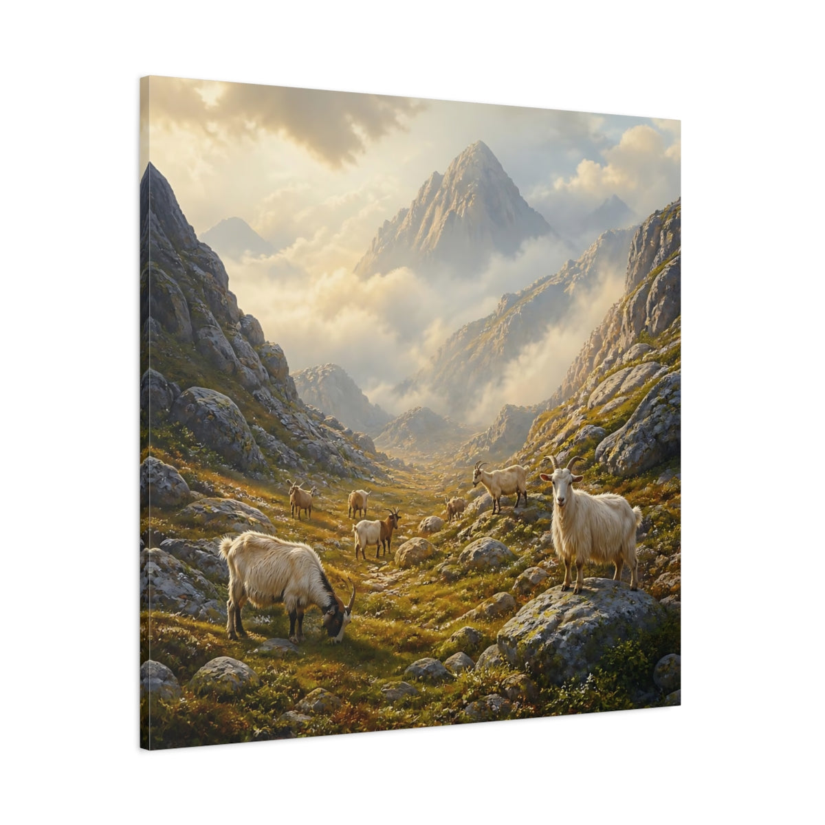 Side Mockup 1. Nature Goats Earthy Mountain Goats shown as stretched canvas wall art