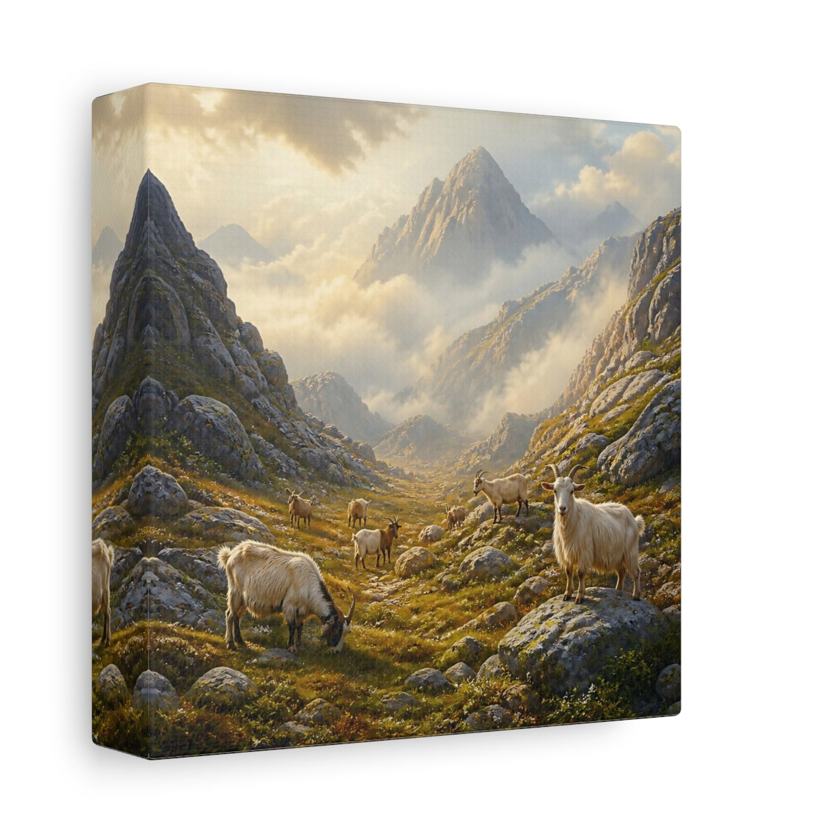 Side Mockup 2. Nature Goats Earthy Mountain Goats shown as stretched canvas wall art