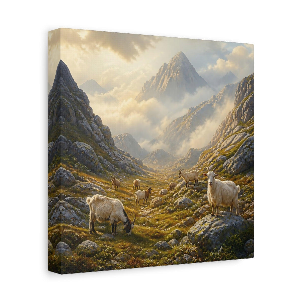 Side Mockup 9. Nature Goats Earthy Mountain Goats shown as stretched canvas wall art