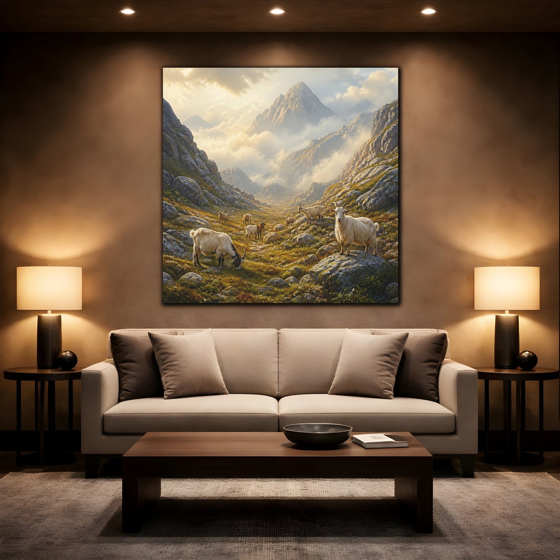 Mockup 2. Nature Goats Earthy Mountain Goats shown as stretched canvas wall art