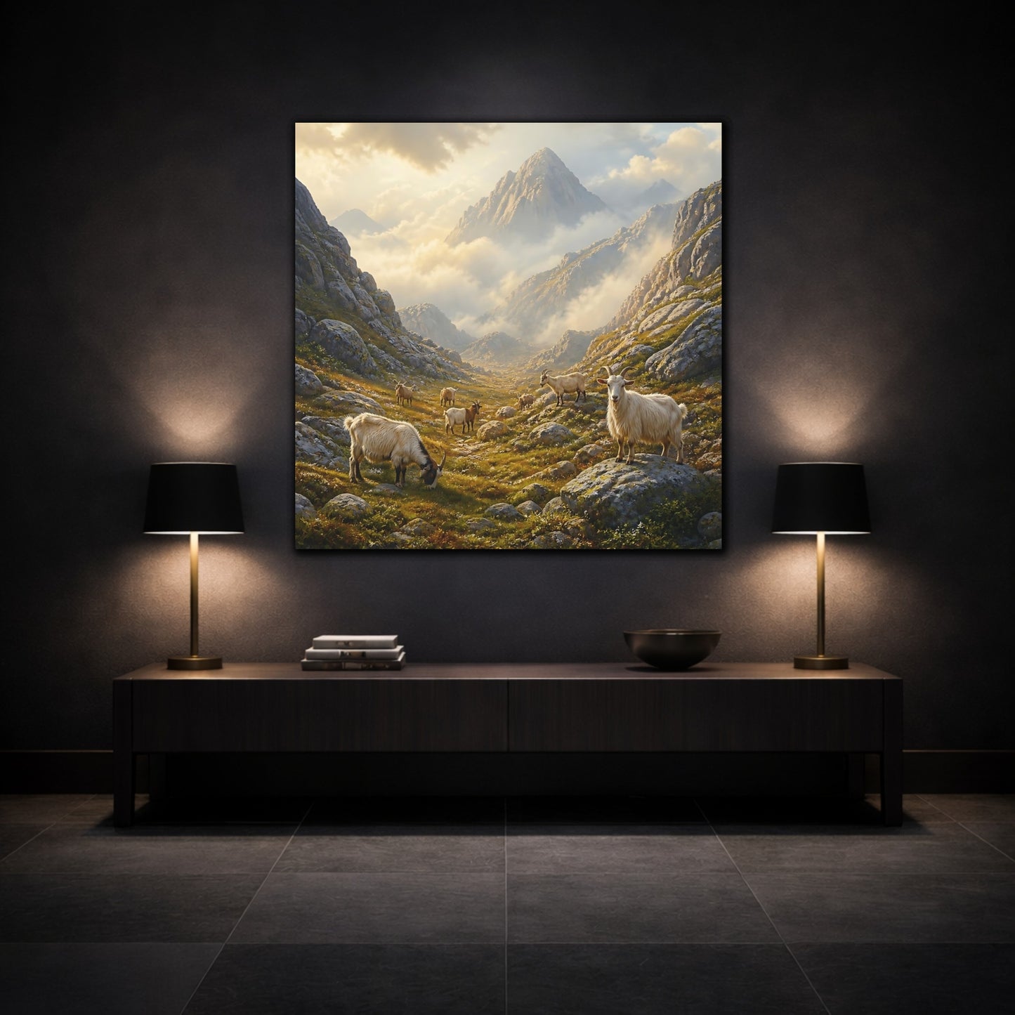 Mockup 3. Nature Goats Earthy Mountain Goats shown as stretched canvas wall art