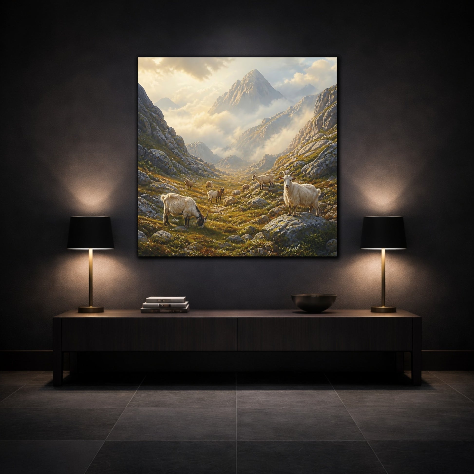 Mockup 3. Nature Goats Earthy Mountain Goats shown as stretched canvas wall art
