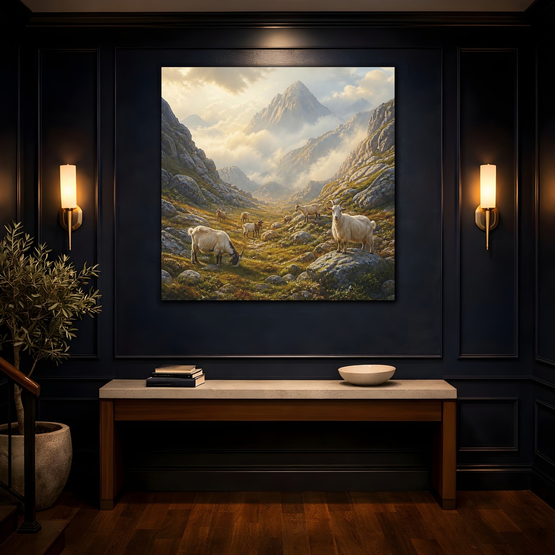 Mockup 4. Nature Goats Earthy Mountain Goats shown as stretched canvas wall art