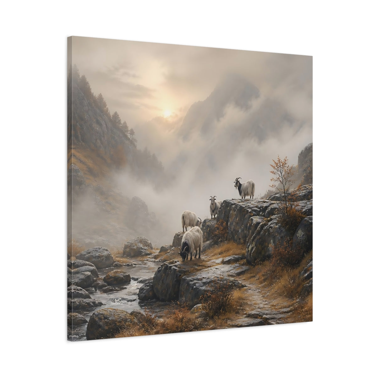 Main Mockup. Nature Goats Goats Mountain Fog shown as stretched canvas wall art