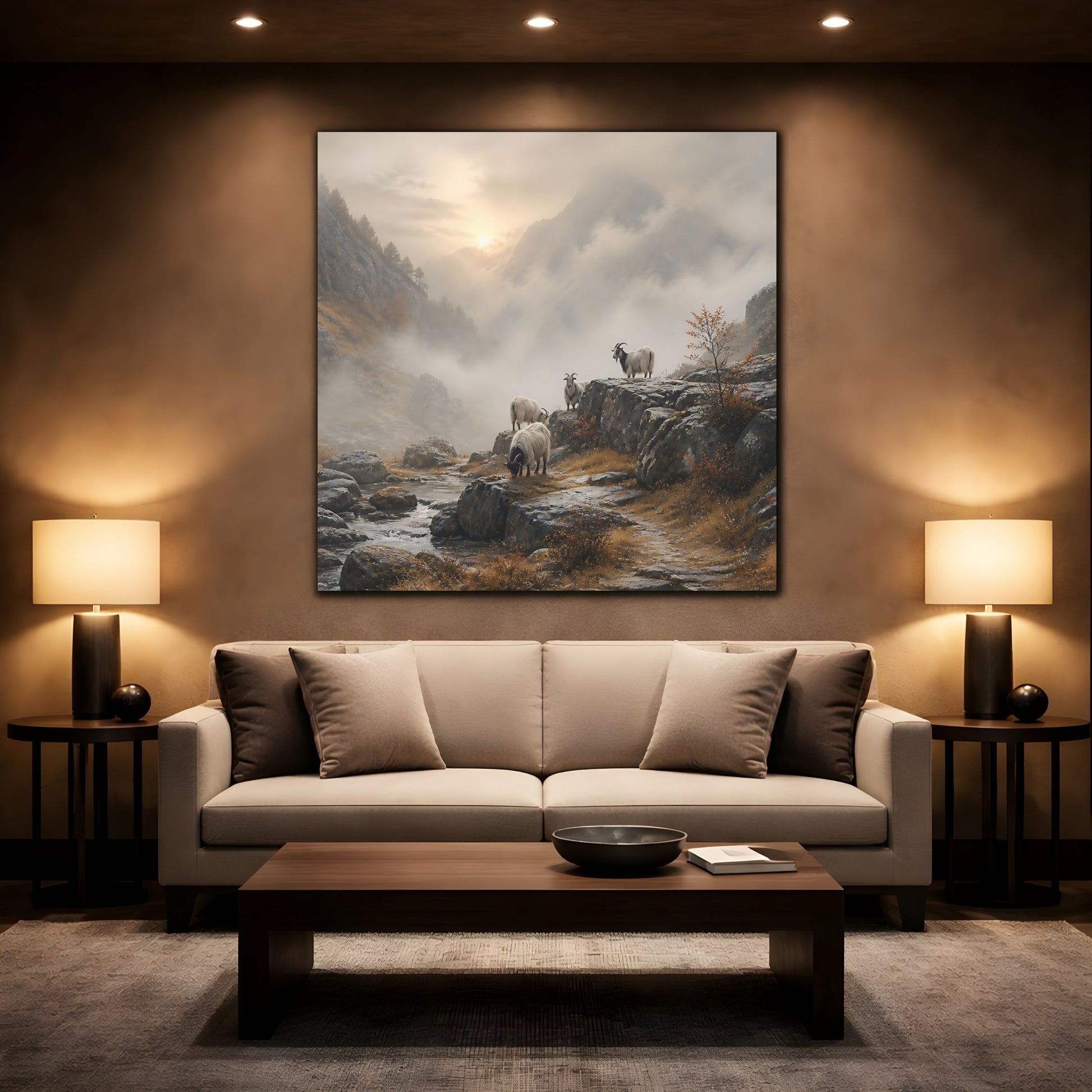 Mockup 2. Nature Goats Goats Mountain Fog shown as stretched canvas wall art