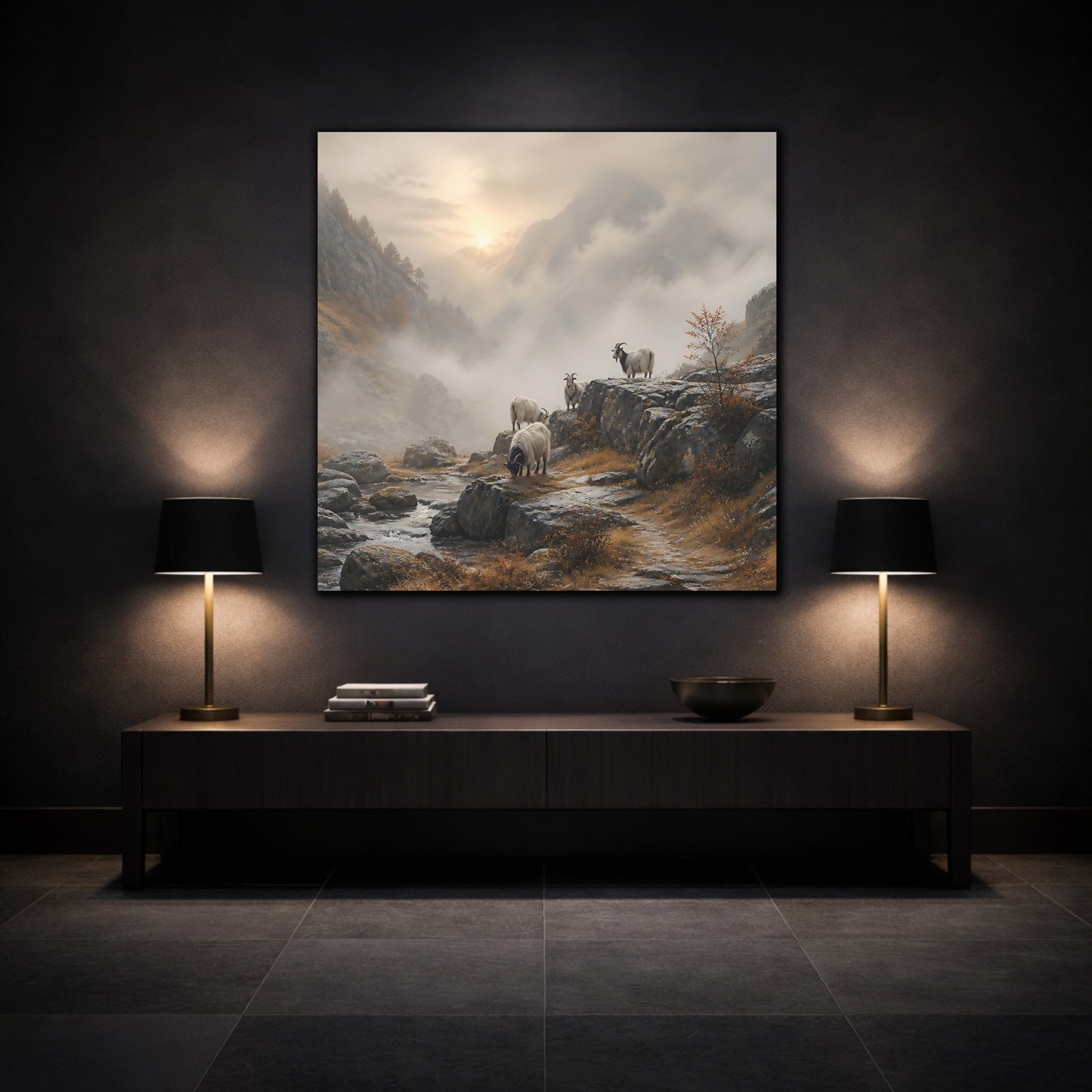Mockup 3. Nature Goats Goats Mountain Fog shown as stretched canvas wall art