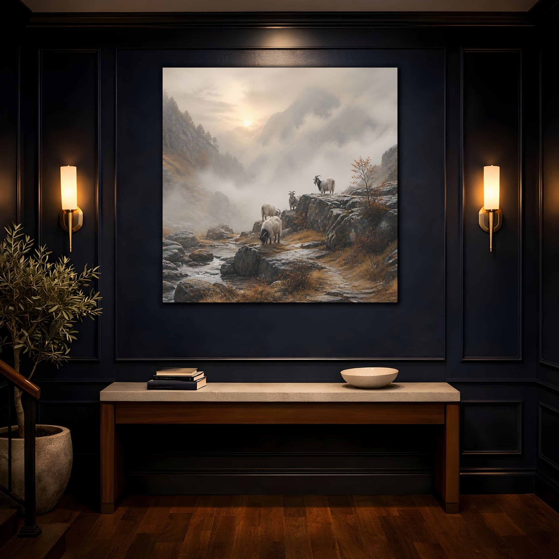 Mockup 4. Nature Goats Goats Mountain Fog shown as stretched canvas wall art