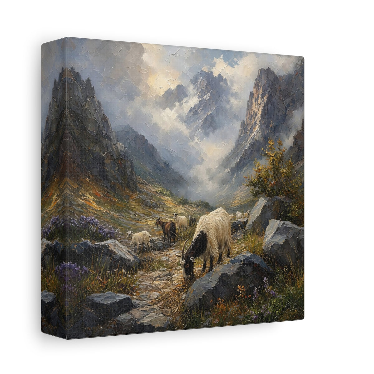 Side Mockup 2. Nature Goats Mountain Goats shown as stretched canvas wall art