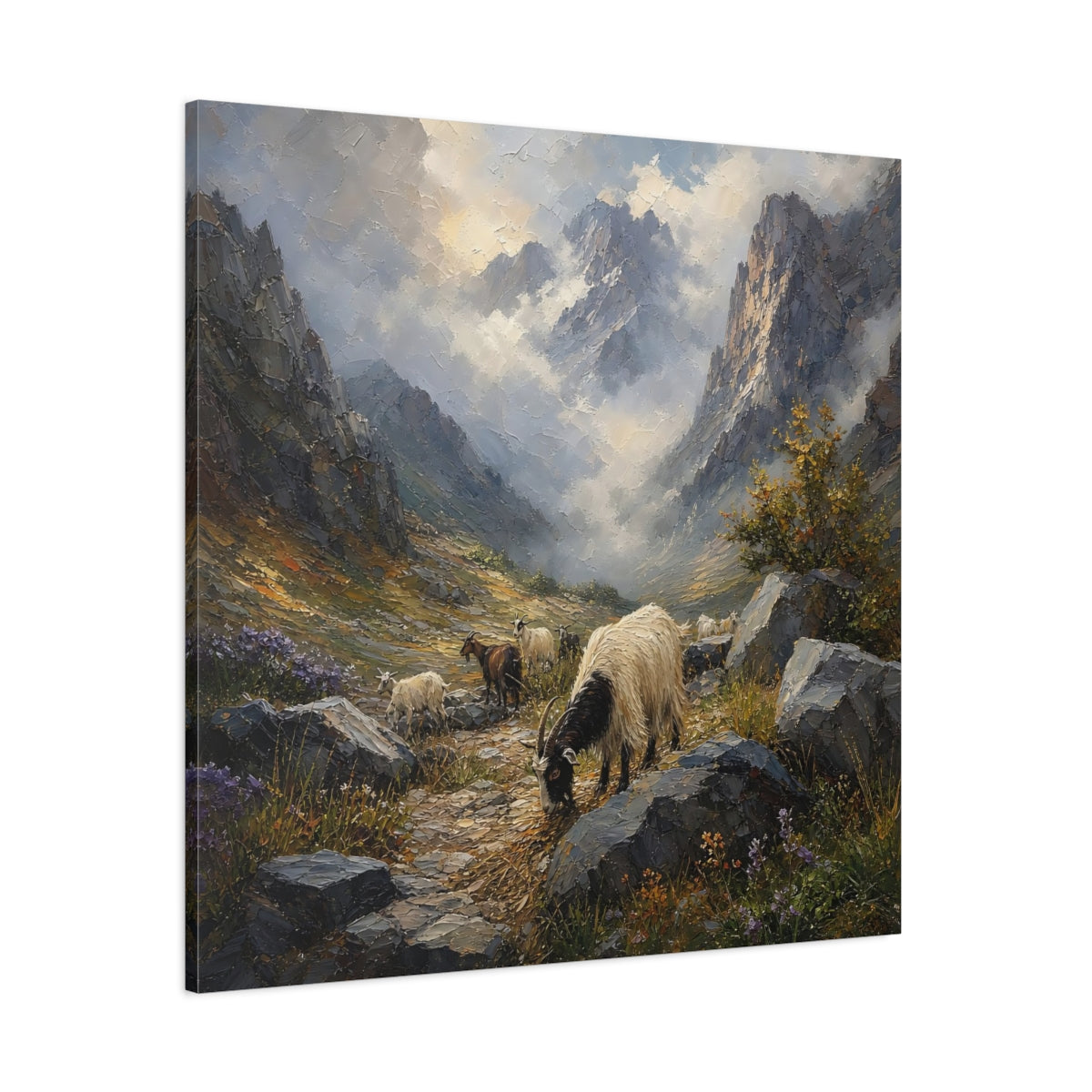 Side Mockup 1. Nature Goats Mountain Goats shown as stretched canvas wall art