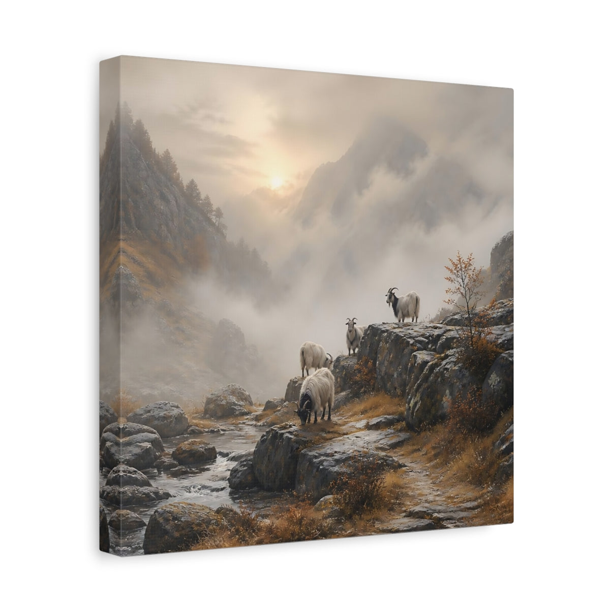 Side Mockup 8. Nature Goats Goats Mountain Fog shown as stretched canvas wall art
