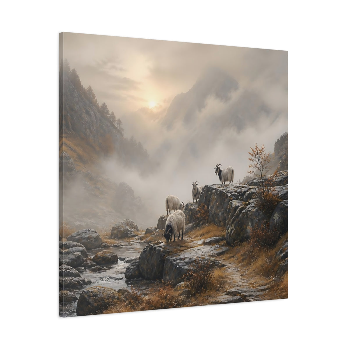 Side Mockup 1. Nature Goats Goats Mountain Fog shown as stretched canvas wall art