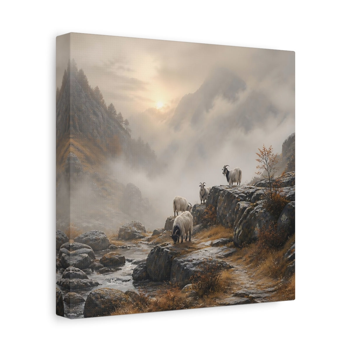 Side Mockup 9. Nature Goats Goats Mountain Fog shown as stretched canvas wall art