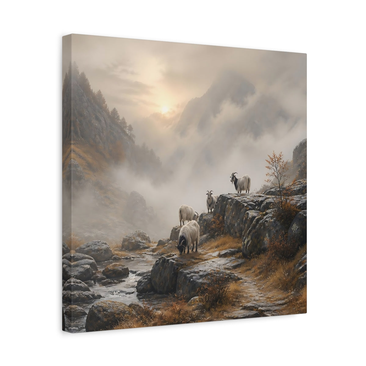 Side Mockup 6. Nature Goats Goats Mountain Fog shown as stretched canvas wall art