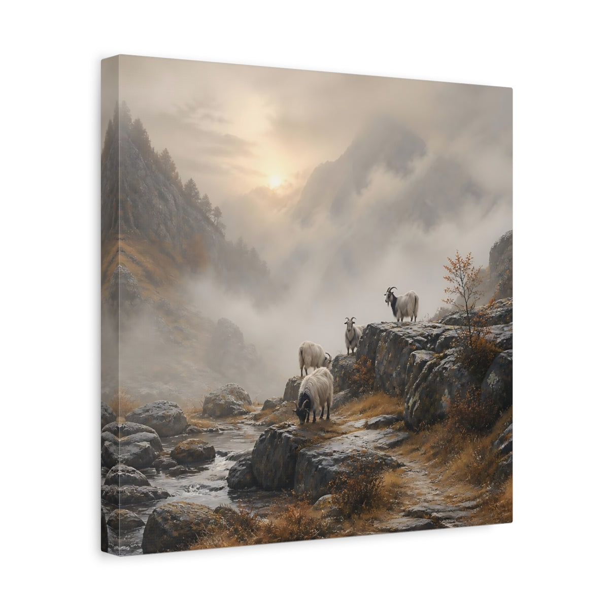 Side Mockup 7. Nature Goats Goats Mountain Fog shown as stretched canvas wall art