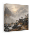 Side Mockup 2. Nature Goats Goats Mountain Fog shown as stretched canvas wall art