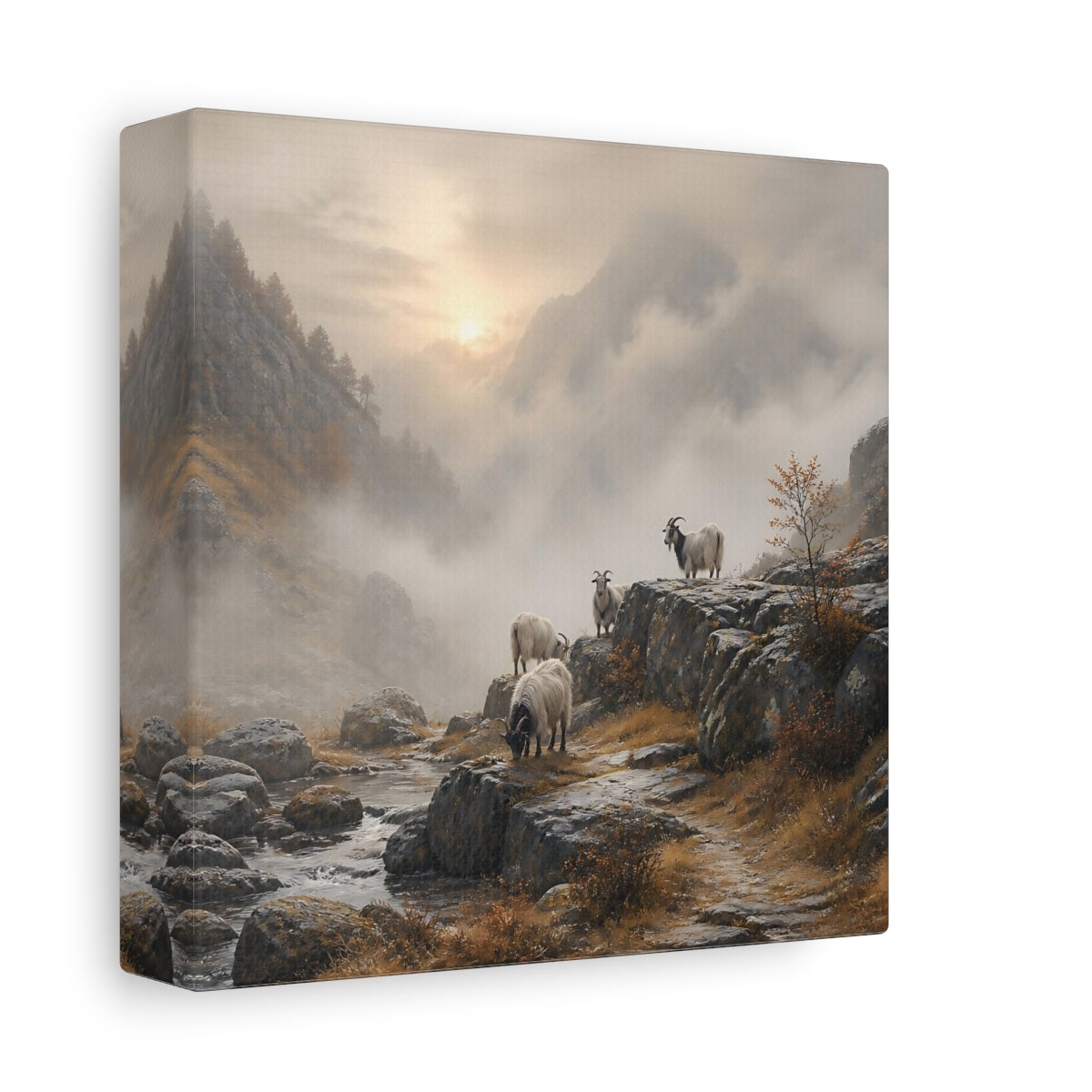Side Mockup 2. Nature Goats Goats Mountain Fog shown as stretched canvas wall art