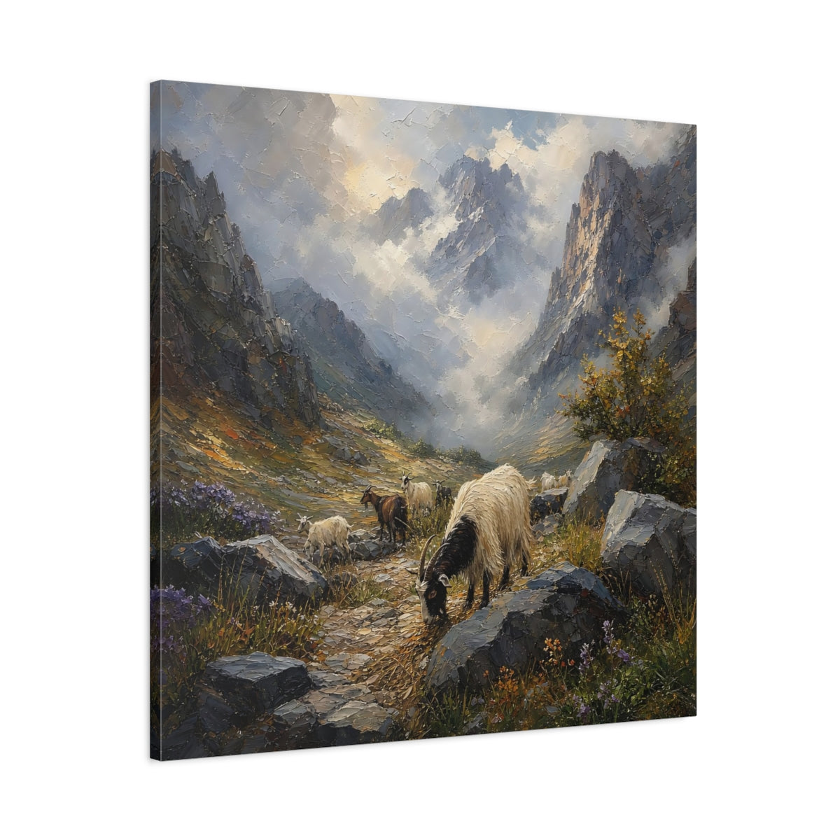 Main Mockup. Nature Goats Mountain Goats shown as stretched canvas wall art