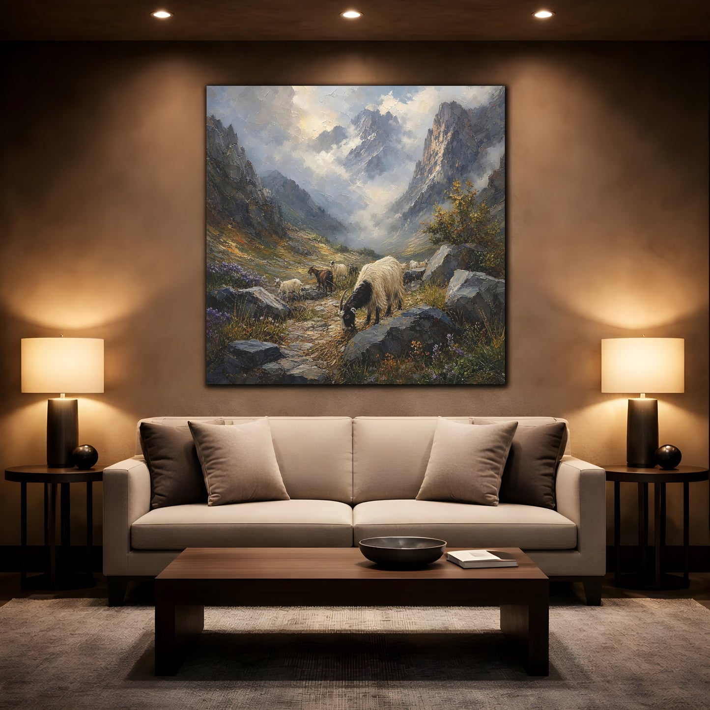 Mockup 2. Nature Goats Mountain Goats shown as stretched canvas wall art