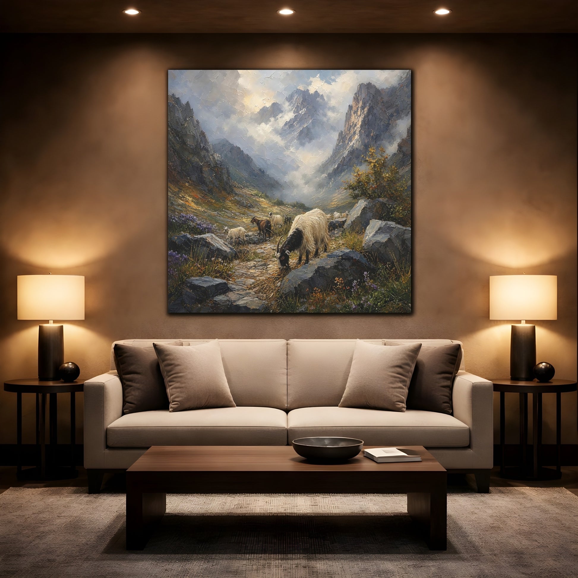 Mockup 2. Nature Goats Mountain Goats shown as stretched canvas wall art