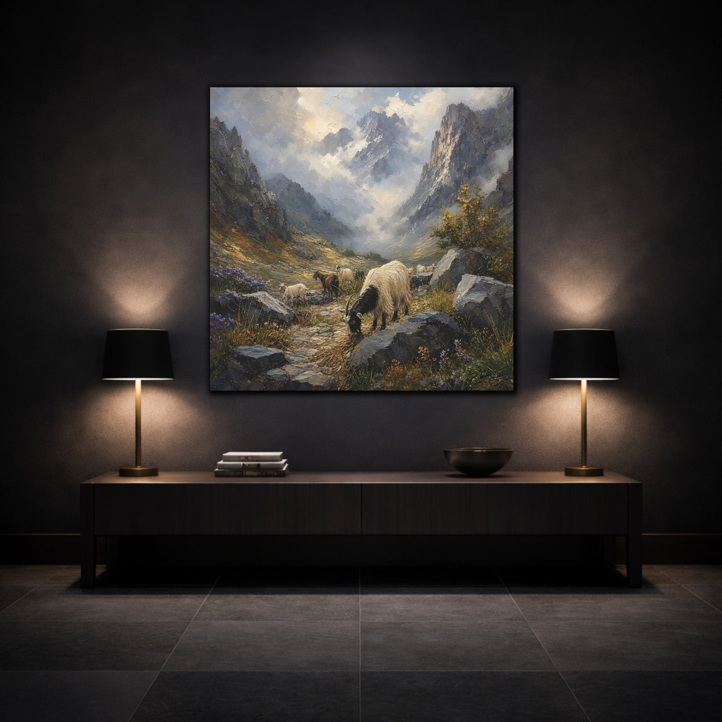 Mockup 3. Nature Goats Mountain Goats shown as stretched canvas wall art