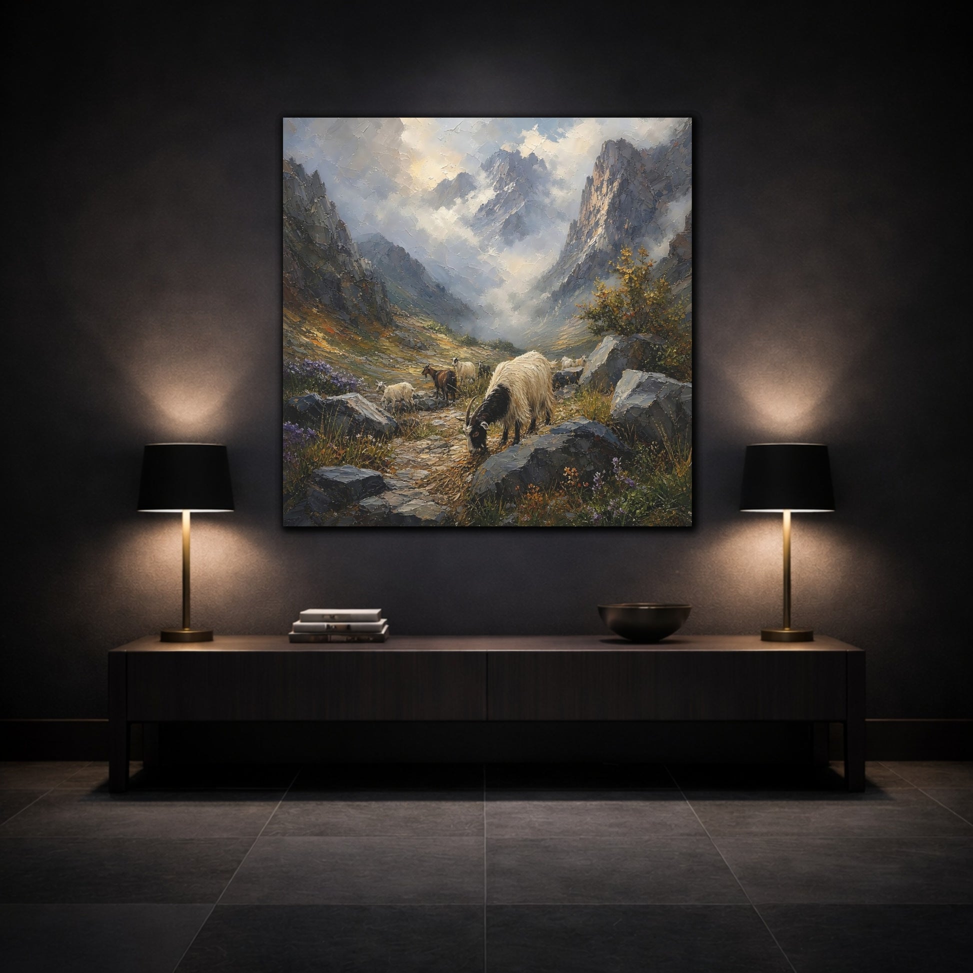 Mockup 3. Nature Goats Mountain Goats shown as stretched canvas wall art