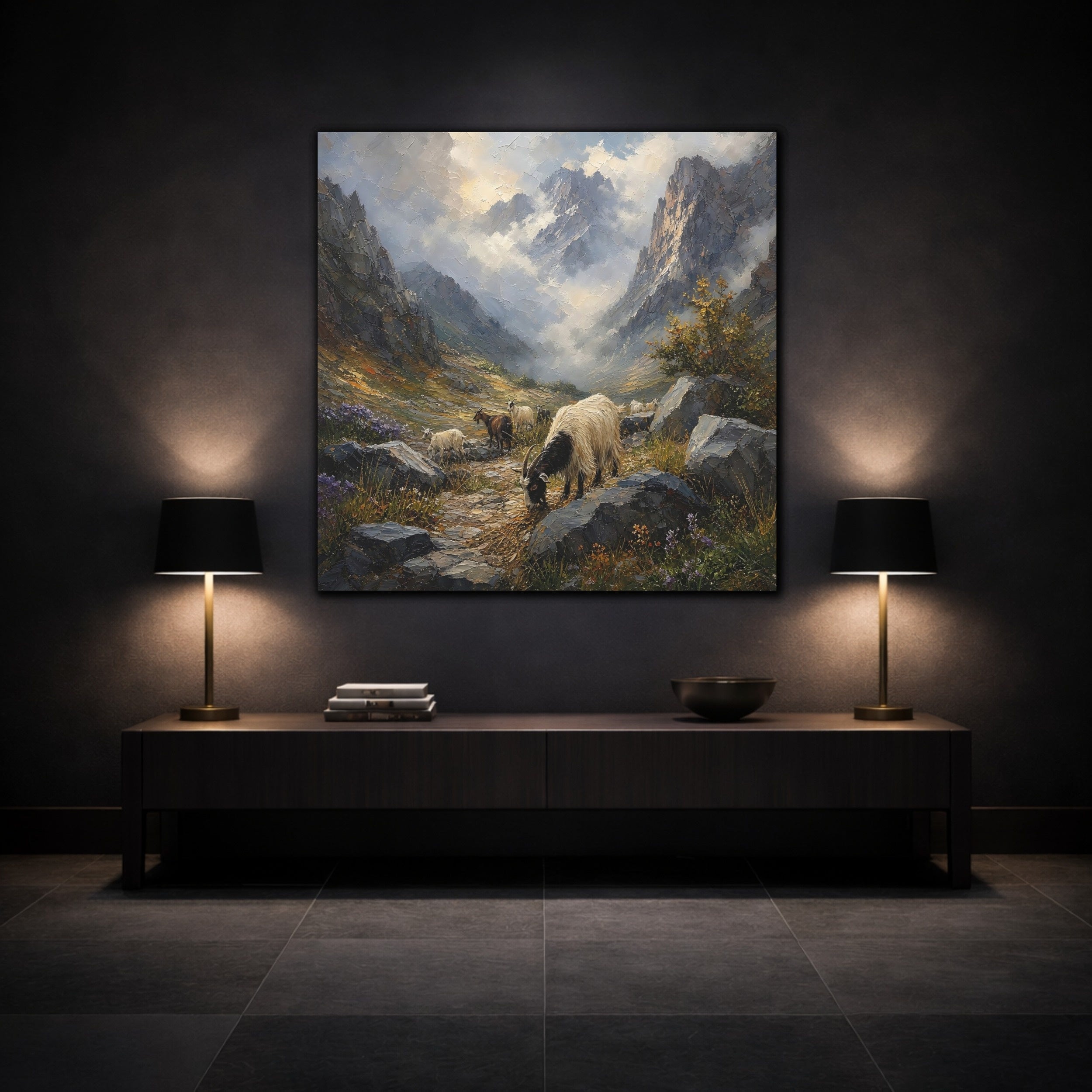 Mockup 3. Nature Goats Mountain Goats shown as stretched canvas wall art