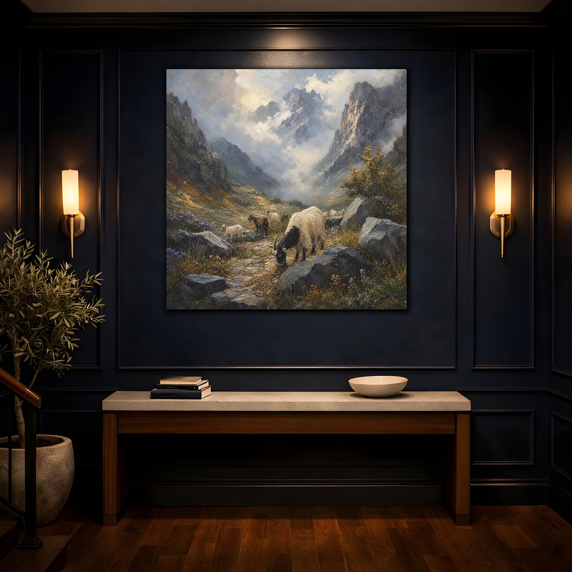 Mockup 4. Nature Goats Mountain Goats shown as stretched canvas wall art