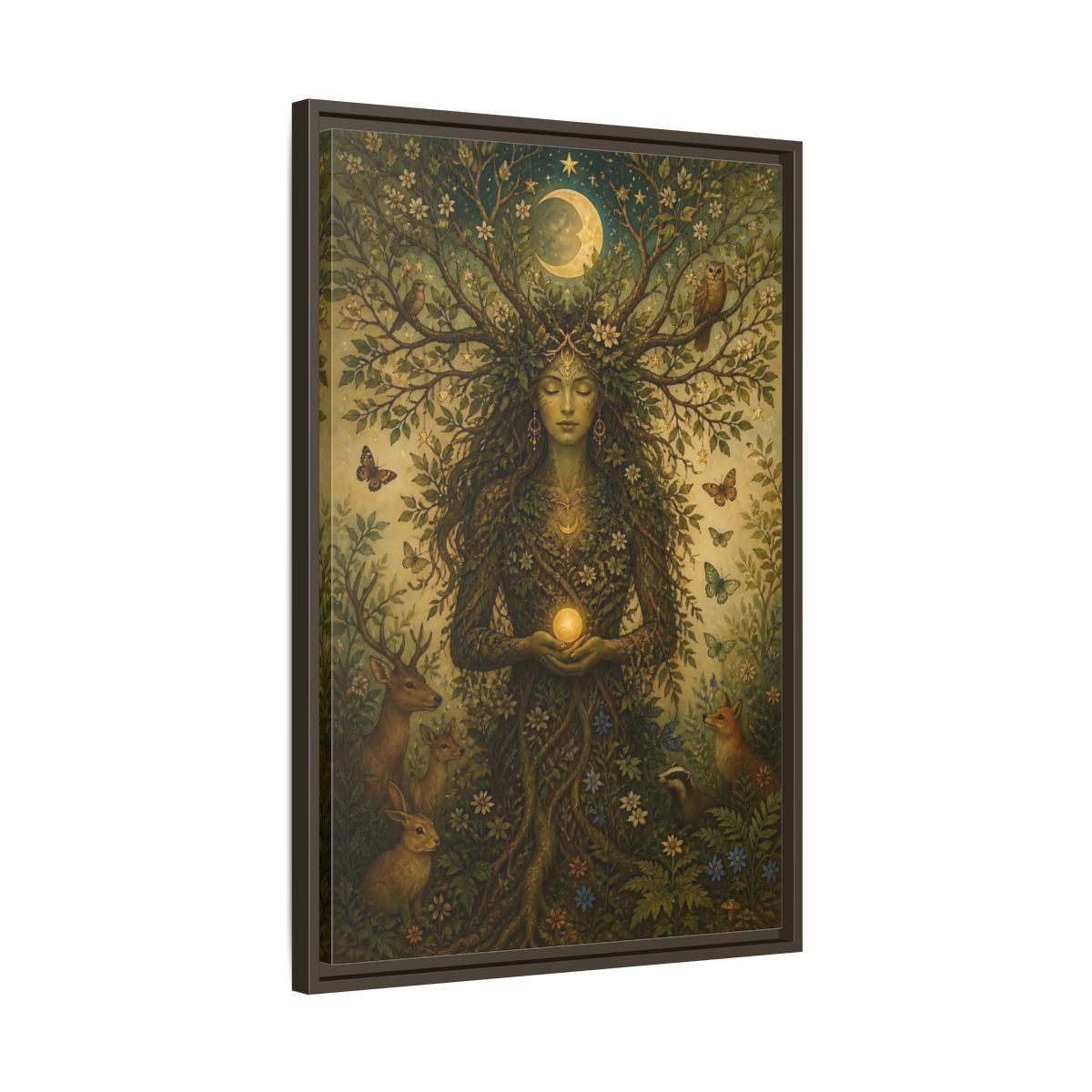 Side Mockup 11. Nature Nature Goddess Green And Gold shown as stretched canvas wall art