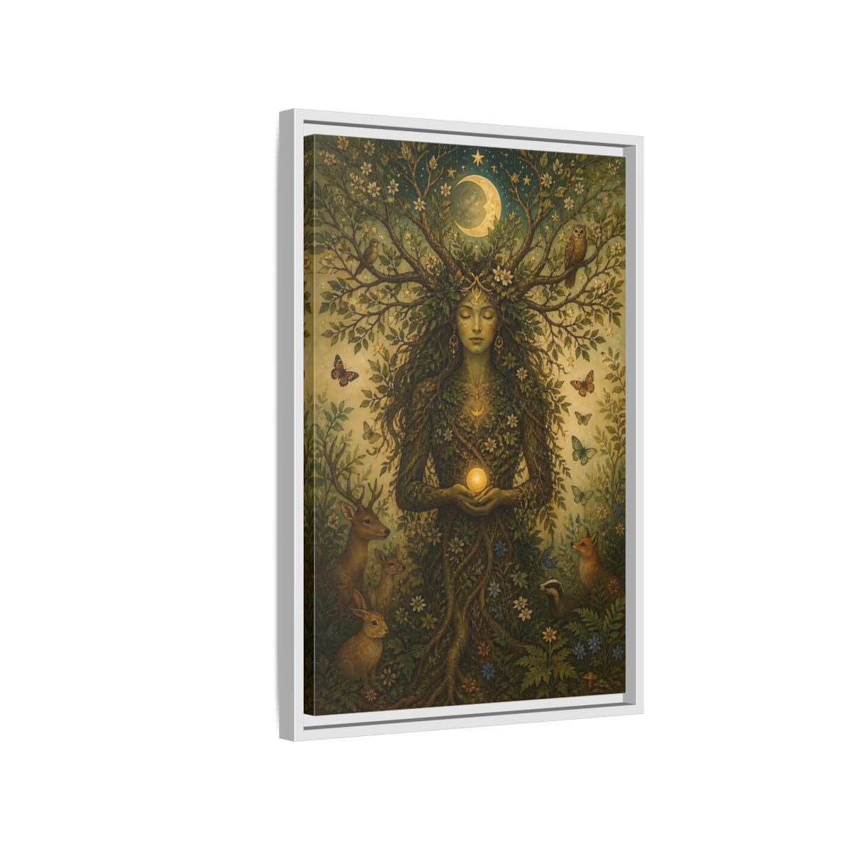 Side Mockup 1. Nature Nature Goddess Green And Gold shown as stretched canvas wall art