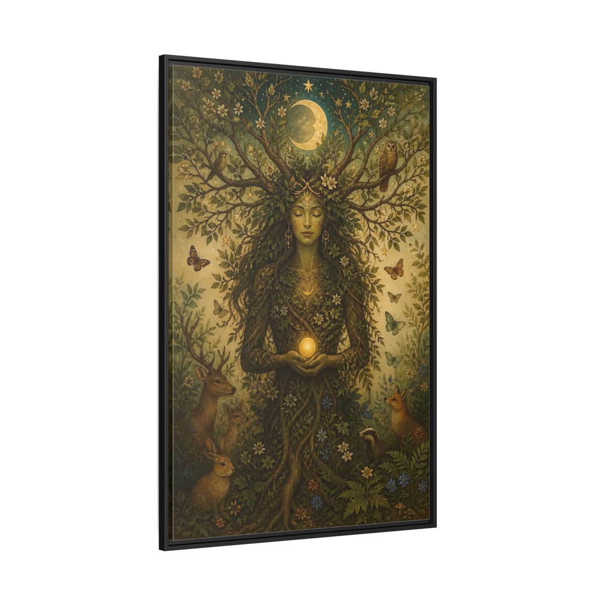 Side Mockup 12. Nature Nature Goddess Green And Gold shown as stretched canvas wall art
