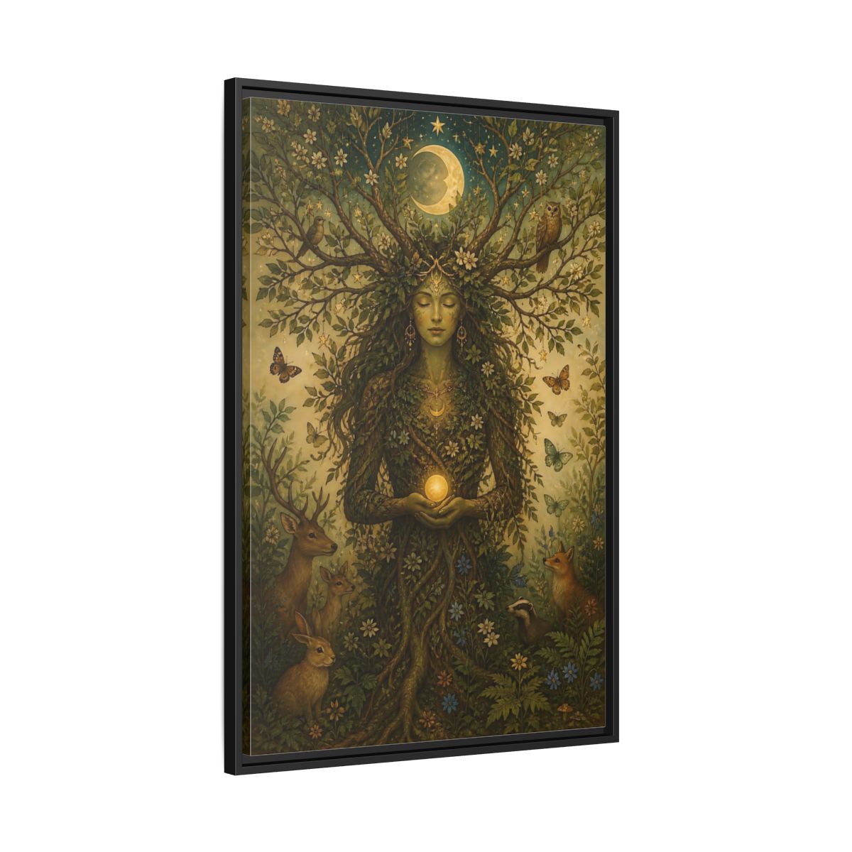 Side Mockup 13. Nature Nature Goddess Green And Gold shown as stretched canvas wall art