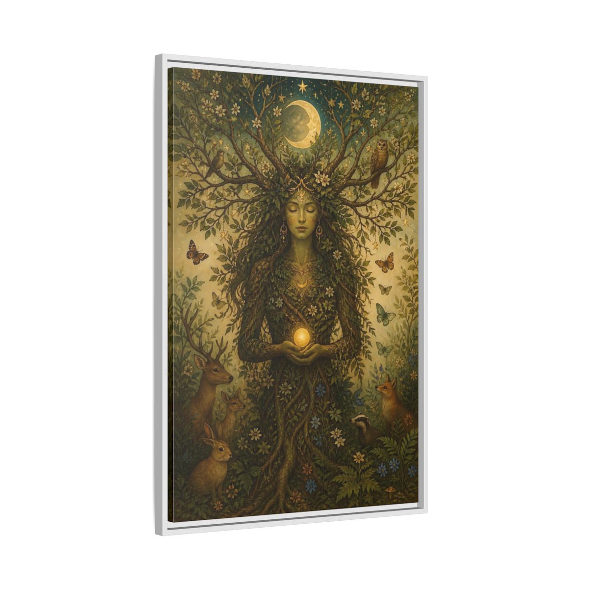 Side Mockup 9. Nature Nature Goddess Green And Gold shown as stretched canvas wall art