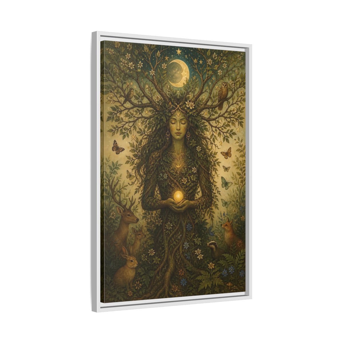 Side Mockup 10. Nature Nature Goddess Green And Gold shown as stretched canvas wall art
