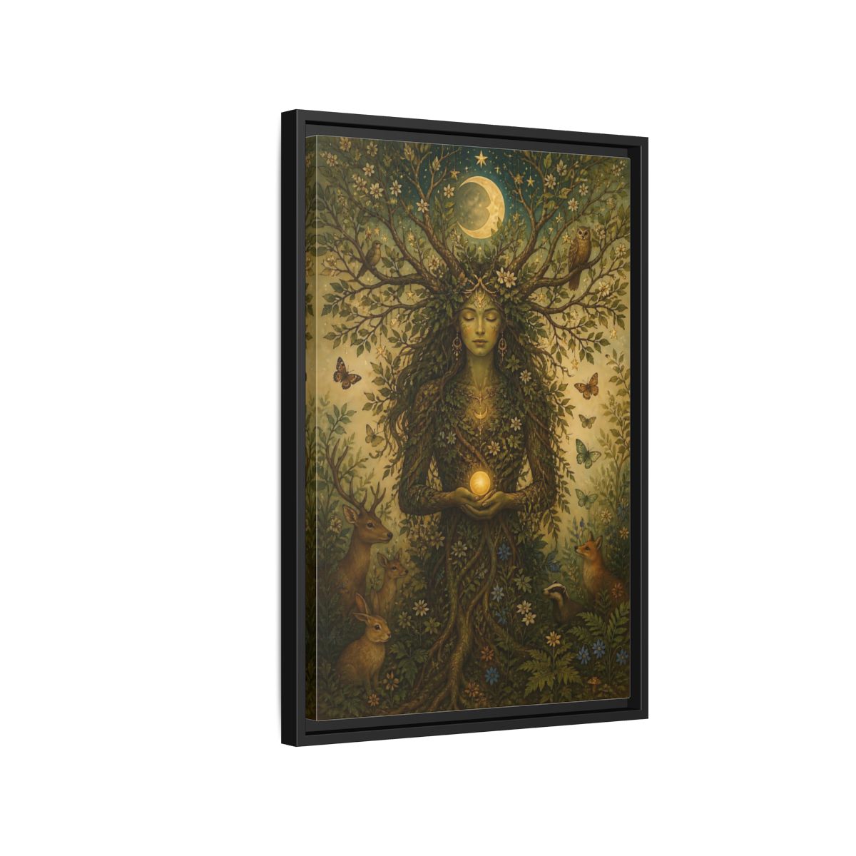 Side Mockup 3. Nature Nature Goddess Green And Gold shown as stretched canvas wall art