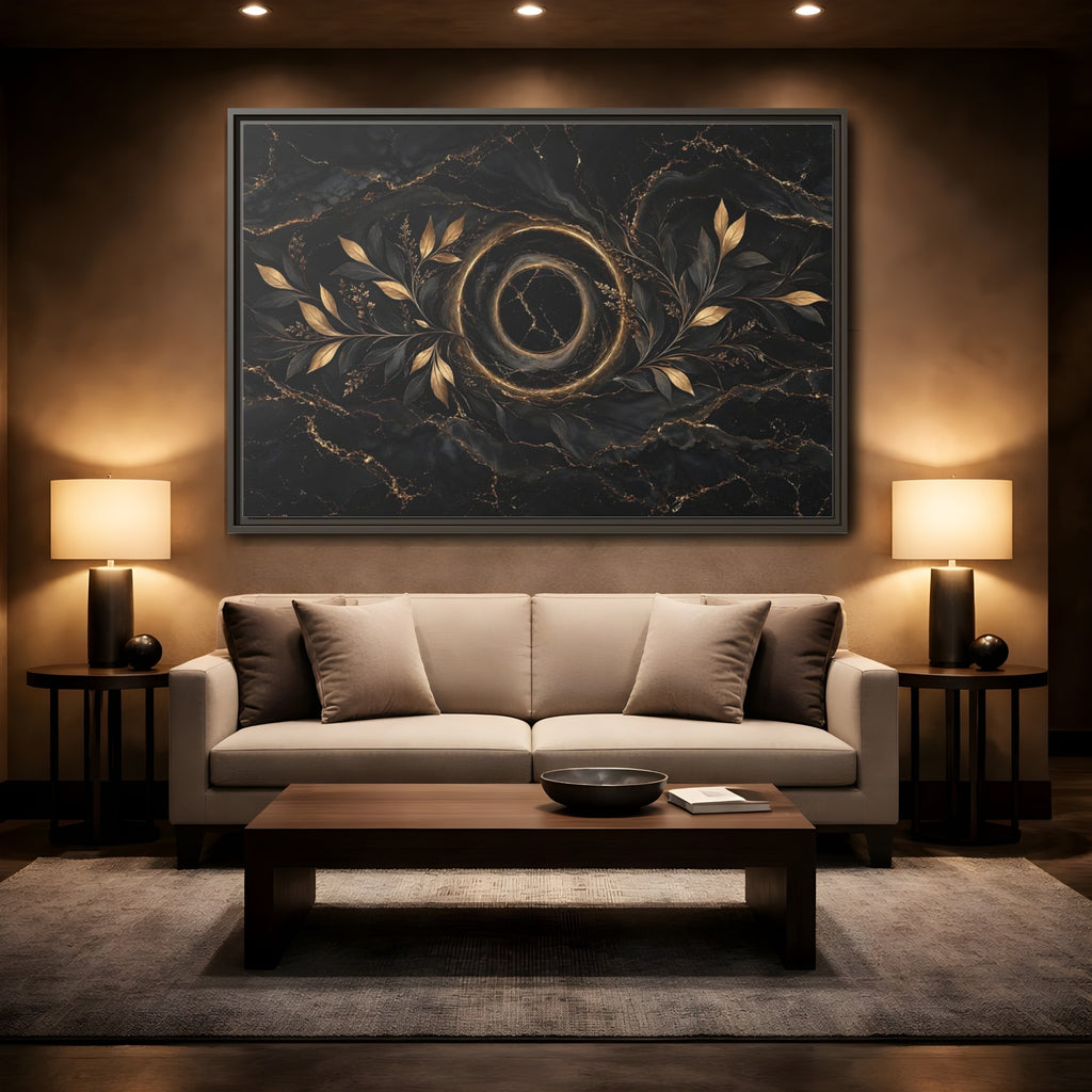 Mockup 2. Nature Golden Branches Black And Gold shown as stretched canvas wall art