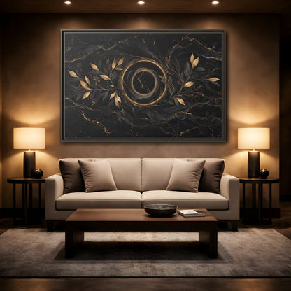 Mockup 2. Nature Golden Branches Black And Gold shown as stretched canvas wall art